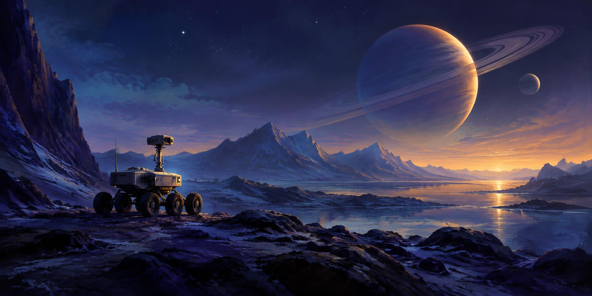A rover exploring a quiet planet under a ringed sky